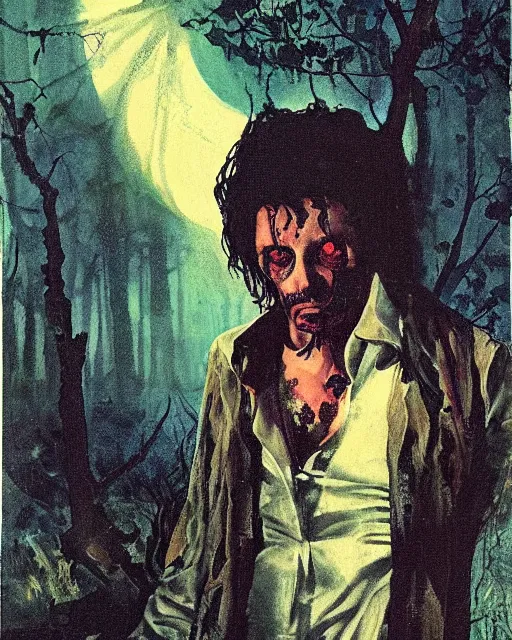 Prompt: a beautiful but sinister man in layers of fear, with haunted eyes and wild hair, 1 9 7 0 s, seventies, woodland, a little blood, moonlight showing injuries, delicate embellishments, painterly, offset printing technique, by brom, robert henri, walter popp