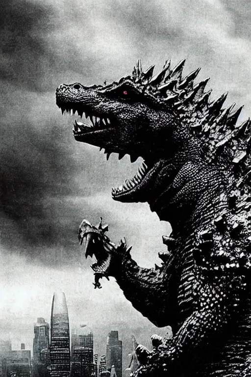 Image similar to Godzilla, kaiju, sea creature, crocodile, sharp teeth, scary look, angry