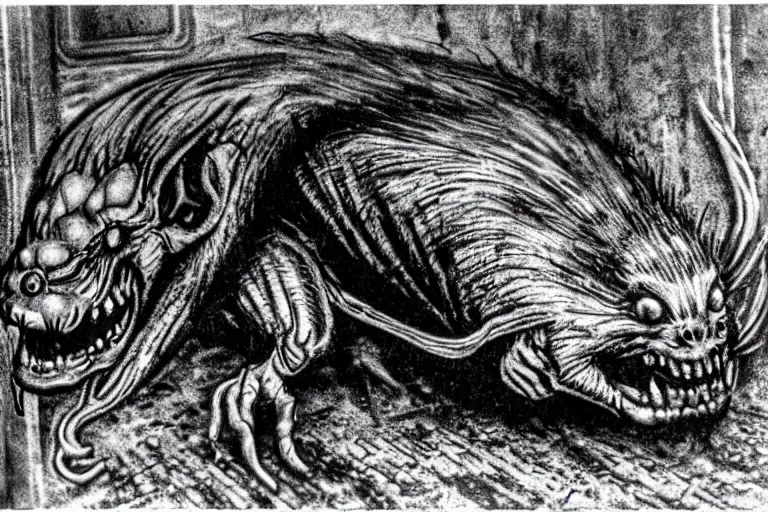 Image similar to very large giant mutant zombie irradiated ( angry rat ) staying on railways in tonnel of moscow subway. tonnel, railways, giant angry rat, furr, fangs, claws, very realistic. extreme long shot, 1 6 mm lens, herman nitsch and herman nitsch, giger.