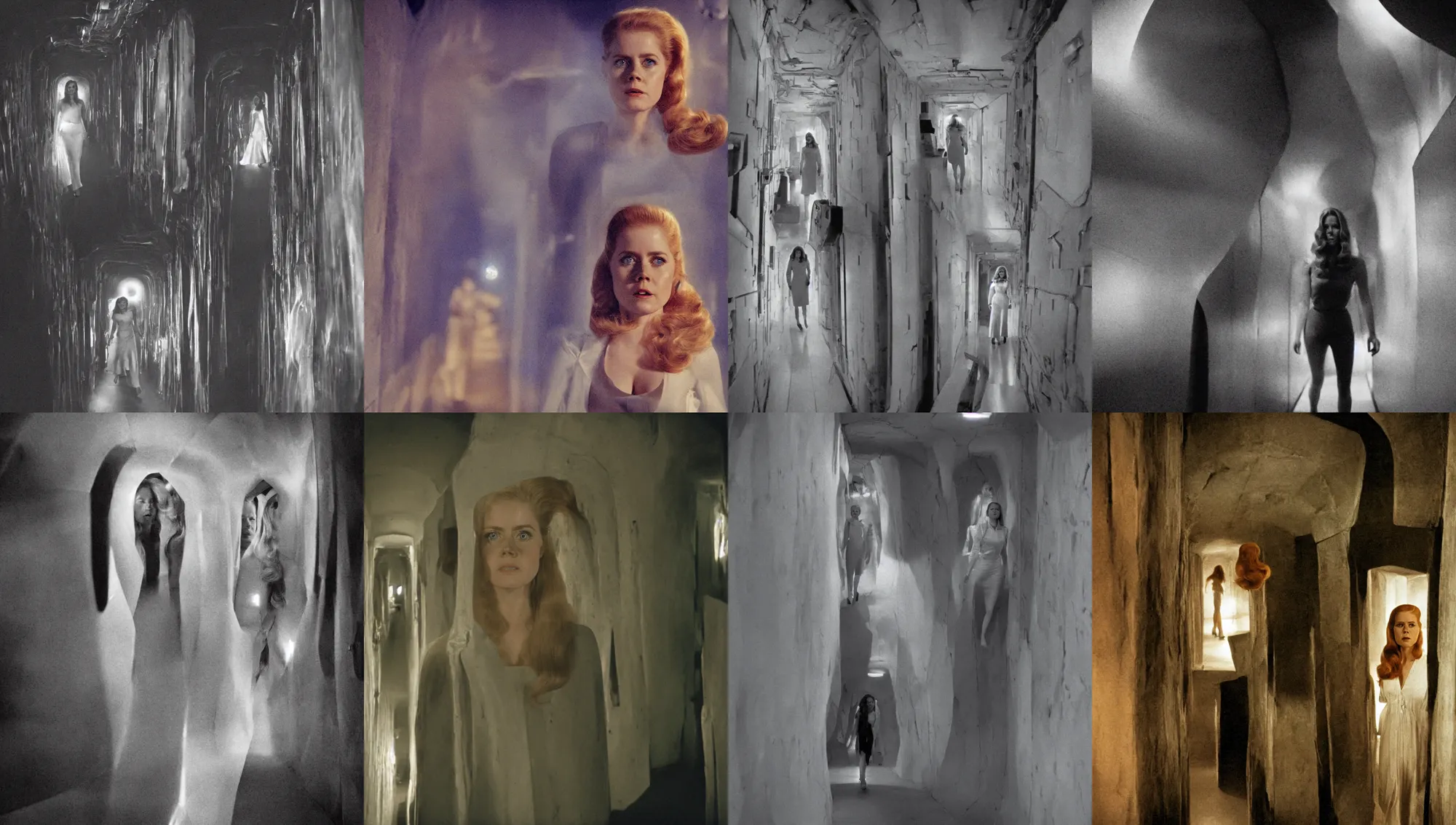 Image similar to face close-up of Amy Adams walking through an eerie space ship hallway, 1960s Technicolor, Ludek Pesek, Rick Guidice, Chesley Bonestell, Lucien Rudaux, Rolf Klep, Fred Freeman, George Pal