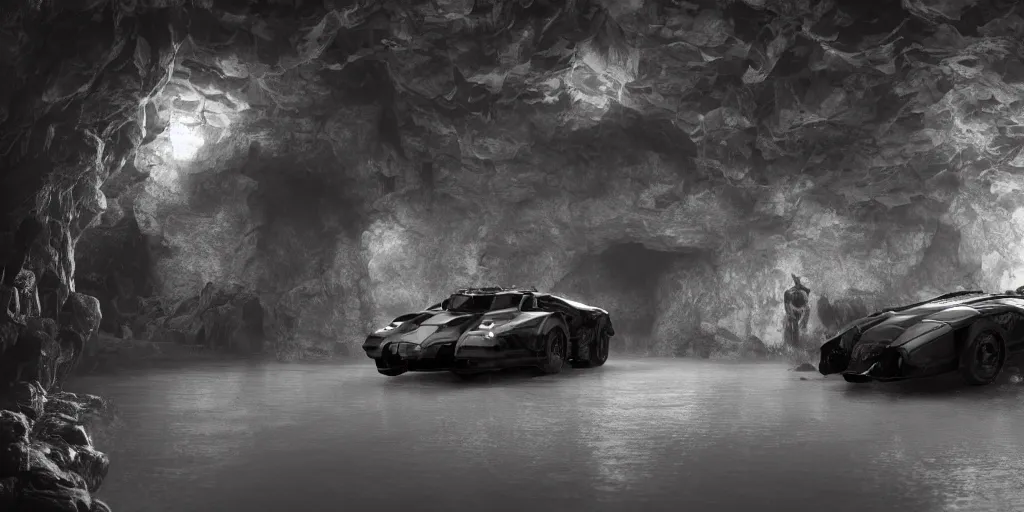 Prompt: the batmobile standing in a very dark and wet cave. highly detailed. intricate. mist. atmospheric. rim light. photorealistic. 8 k. monochrome. rays of light filling the cave. cinematic. matte painting. cinema 4 d. octane render. imagined by ash thorp. ambient occlusion. global illumination.