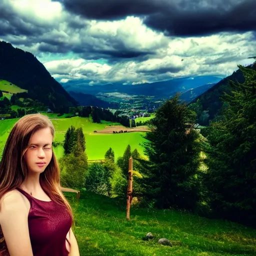 Image similar to a beautiful photograph of a girl with switzerland landscape in the background with trees, hdr, 8 k, high quality, sharp focus, artstation, highly detailed, award - winning, dramatic lighting, beautiful clouds, and nature