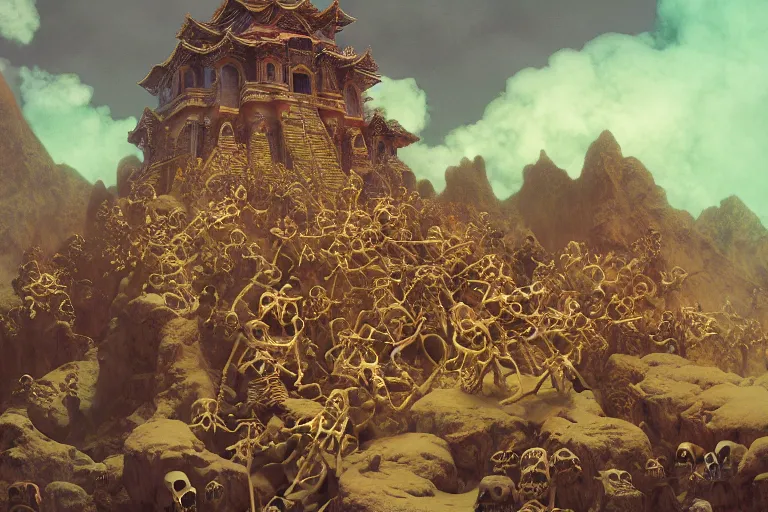 Image similar to a horde of skeletons attacking a tibetian temple, concept art, beautiful, by maxfield parrish, by gustave dore, by peter mohrbacher, by belsinski, sharp focus, vivid color, octane render, cgi, rule of thirds