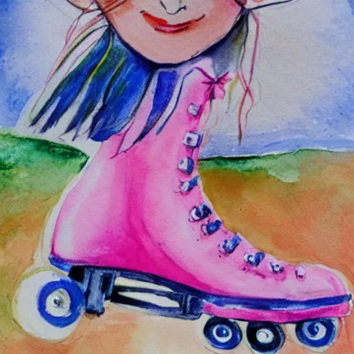 Prompt: a girl riding rollerskates, water colors on paper, roald dahl style