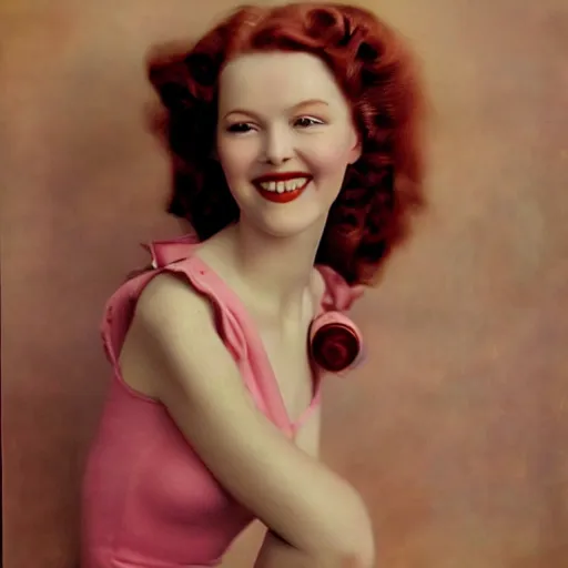 Image similar to tall, lithe woman, soft red hair, fair skin, normal rockwell, 1 9 4 0's, liberty curls, flushed cheeks, pink lips, beautiful smile, full body portrait, posing