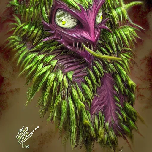 Image similar to A plant monster, highly detailed, digital art, sharp focus, trending on art station, leaves, moss, ferns, thistle, anime art style