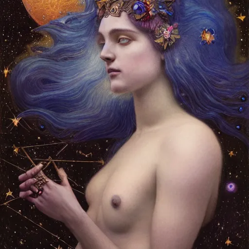 Prompt: queen of the moon with stars in her hair, by tino rodriguez and annie swynnerton and nicholas roerich and jean delville and donato giancola and tom bagshaw and lucien freud, dramatic lighting, floral tattoos, rich colors, smooth sharp focus, extremely detailed, adolf wolfli