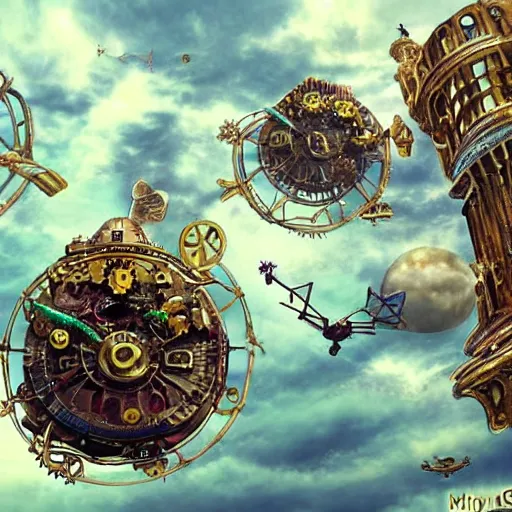 Image similar to flying city in a mechanical flower, sky, fantasy art, steampunk, masterpiece