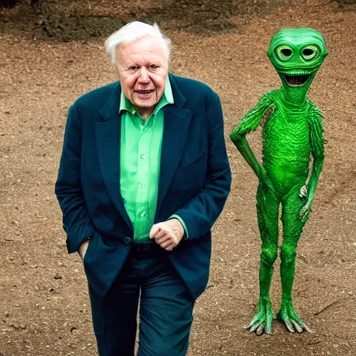 Prompt: Sir David Attenborough with a green alien