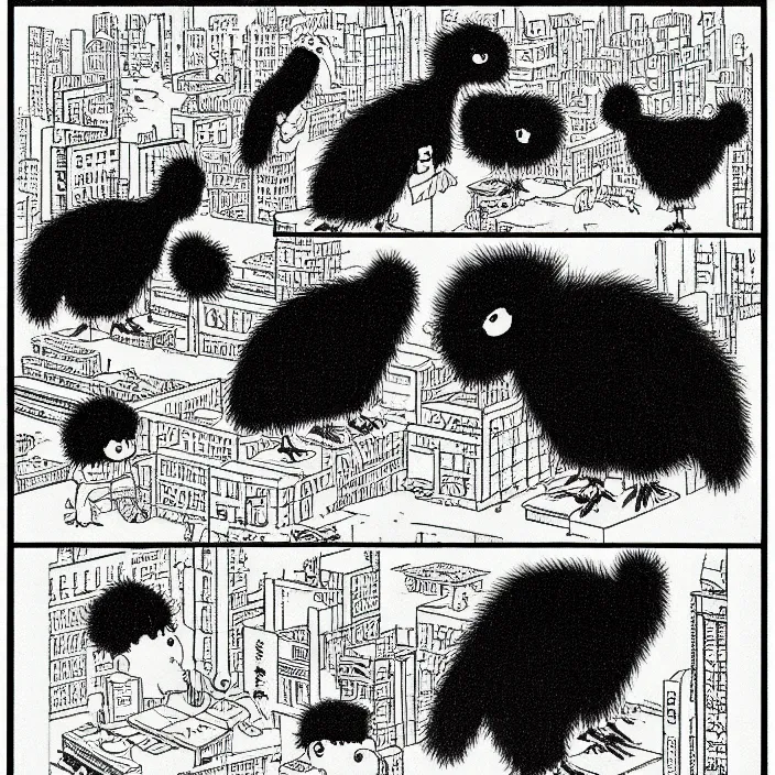 Image similar to a still frame from comic strip, black funny fluffy hairy bird 1 9 5 0, hasui kawase, herluf bidstrup, new yorker illustration, monochrome bw, lineart, manga, tadanori yokoo, simplified, isometric blueprint