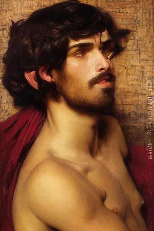 Image similar to attractive male, orientalist intricate portrait by john william waterhouse and edwin longsden long and theodore ralli and nasreddine dinet, hyper realism, dramatic lighting