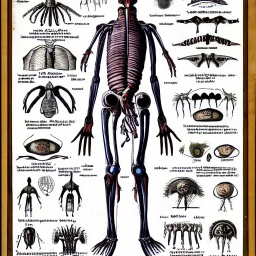 Prompt: an alien species, anatomical diagram, labeled body parts, from all tommorrows, by c. m. kosemen