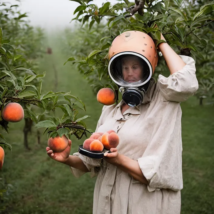 Prompt: a closeup portrait of a woman wearing a vintage diving helmet, picking peaches from a tree in an orchard, foggy, moody, photograph, by vincent desiderio, canon eos c 3 0 0, ƒ 1. 8, 3 5 mm, 8 k, medium - format print