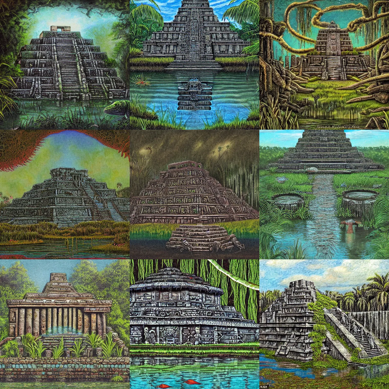Prompt: a sunken aztec temple in the florida everglades, the aztec temple is halfway underwater, moss, vines, alligators, foreboding, creepy, in the style of a historical illustration, color pencil art, detailed, intricate