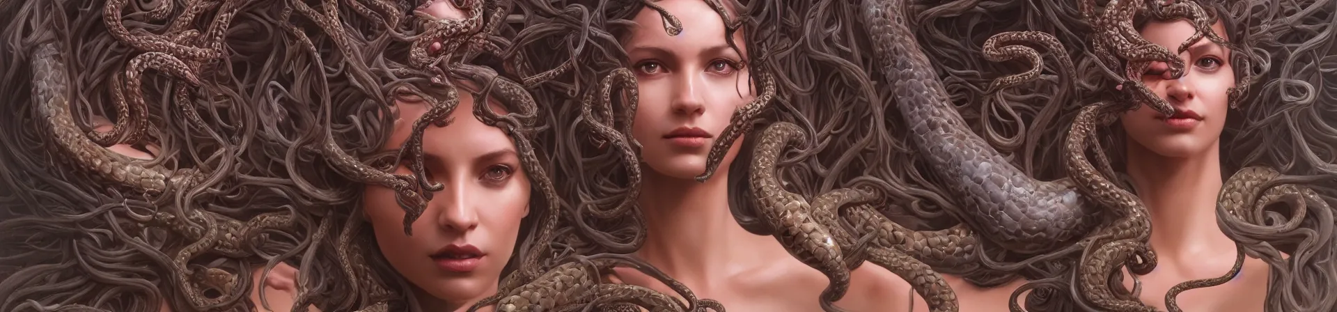 Image similar to beauty woman with snakes for hair, Medusa, detailed face, surrounded by spiders, very detailed, dramatic lighting, electrical details, high details, 4k, 8k, trending on artstation, by Greg Rutkowski, Wayne Barlowe, Hajime Sorayama and Boris Vallejo