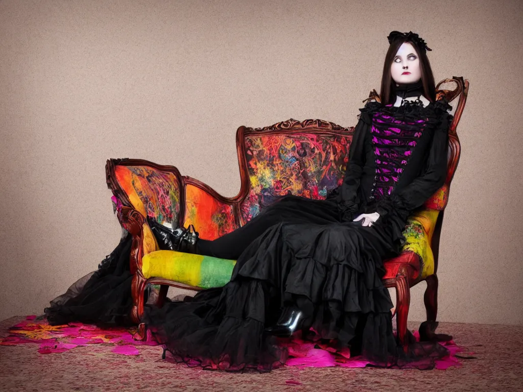 Image similar to full - length photo, young woman, sitting on chair, gothic clothes, 4 k, colourful