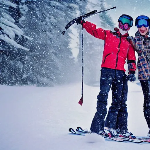 Image similar to happy couple skiing, snowfall, rococo