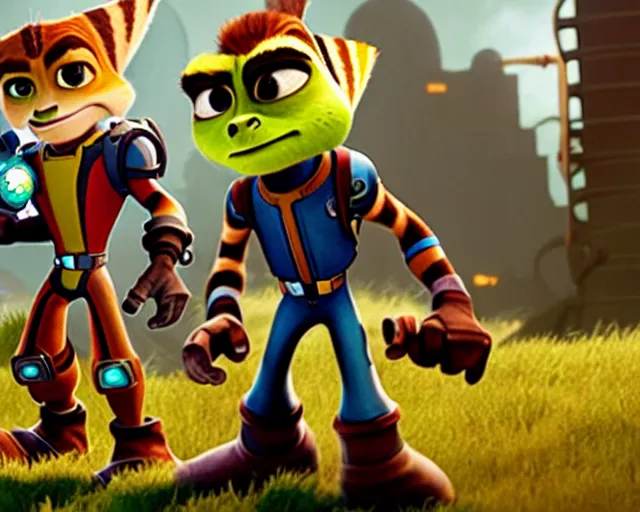 Prompt: film still of ratchet and clank with a hatchet in the new horror movie