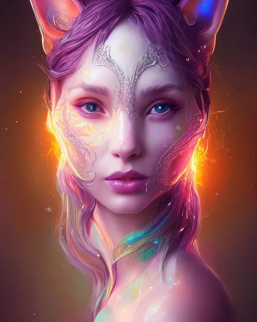 Prompt: cute woman cat chimera of iridescent liquid, alchemy, shiny plastic, intricate, bloom, detailed, volumetric lighting, sharp focus, photorealism, digital painting, highly detailed, concept art, by by artgerm and wlop