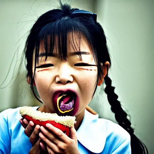 Image similar to National Geographic photo of angry japan school girl with spiders in her mouth