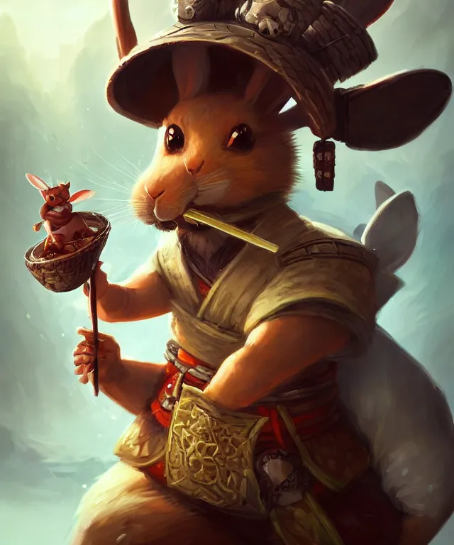 Image similar to a portrait an anthropomorphic rabbit samurai eating dim sum, landscape in background, cute and adorable, dnd character art portrait, well rendered matte fantasy painting, deviantart artstation, by jason felix by steve argyle by tyler jacobson by peter mohrbacher, cinematic lighting