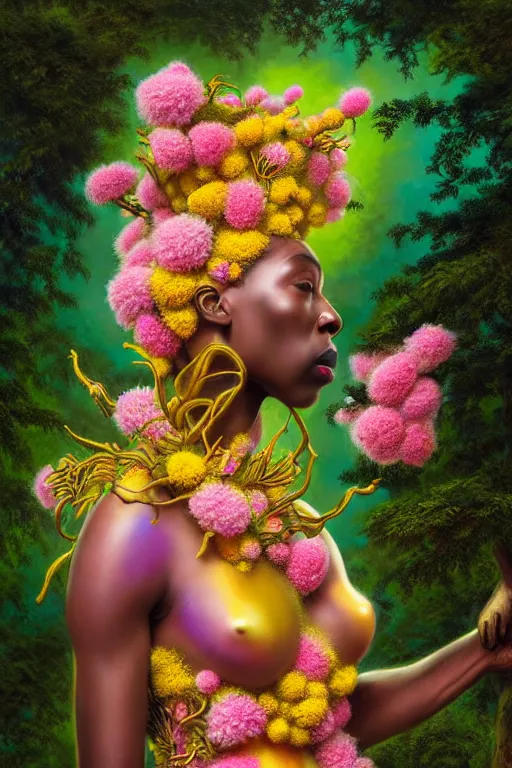 Image similar to hyperrealistic neo - rococo cinematic super expressive! yoruba goddess with exoskeleton armor, merging with tree in a forest, pink yellow flowers, highly detailed digital art masterpiece, smooth cam de leon eric zener dramatic pearlescent soft teal light, ground angle hd 8 k, sharp focus
