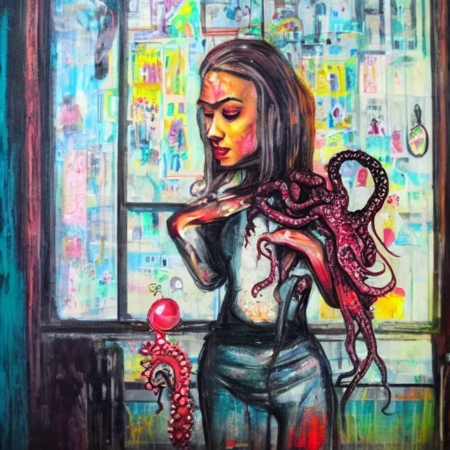 Image similar to a portrait in a dark apartment, city through a window, a female art student holding an octopus, milk puddles, berries, broken bottles, metaphysical, neo - expressionism, surrealism, acrylic and spray paint and oilstick on canvas