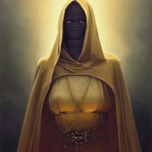 Prompt: a portrait of a young woman wearing a long dark cloak, hood and shadows covering face, holding golden chains, oil painting, Volumetric Golden dappled dynamic lighting, Highly Detailed, Cinematic Lighting, Unreal Engine, 8k, HD, by Beksinski