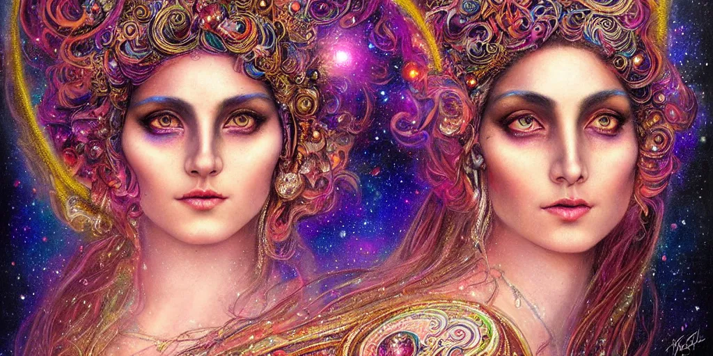 Image similar to full view portrait of an ethereal gypsy woman with detailed eyes, glowing face, floating in space with a half moon, photorealistic, colorful dress, in the style of karol bak and gaston bussiere, holographic undertones, art nouveau galaxy background, intricate, flowing dress, smooth, sharp focus, dramatic lighting, illustration, hdr, artgerm