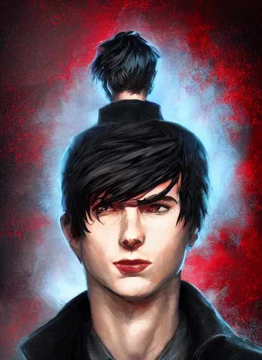 Image similar to An epic fantasy comic book style portrait painting of a young man with black cowlick haircut, wearing black overcoat, red clothes, blue jeans. Unreal 5, DAZ, hyperrealistic, octane render, cosplay, RPG portrait, dynamic lighting