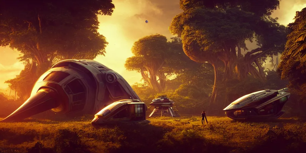 Prompt: a huge futuristic rusty abandoned old alien spaceship, next to it a smaller exploration vehicle on a landing pad, surrounded by a lush alien jungle, in the foreground two explorers are arguing, sunset, volumetric light, hyperdetailed, artstation, cgsociety, 8k