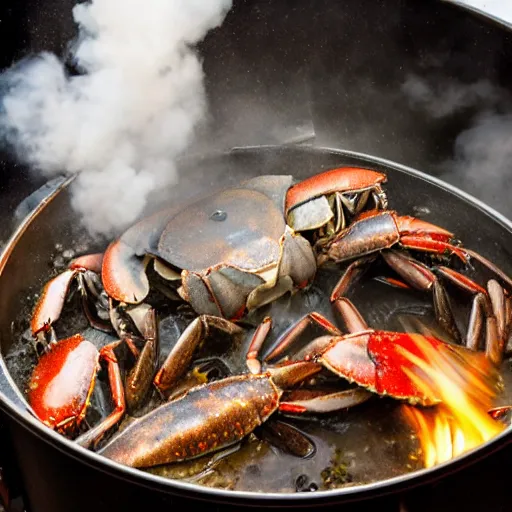 crabs boiling in pot on propane burner, lots of steam Stable