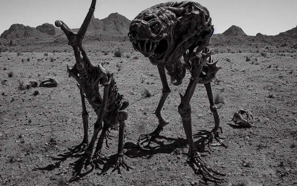 Image similar to in the desert a bloody gross horrifying The Thing creature made of muscle and bone and blood stares at the camera, eating, it walks on two legs, mid day, 35mm photography, realistic,