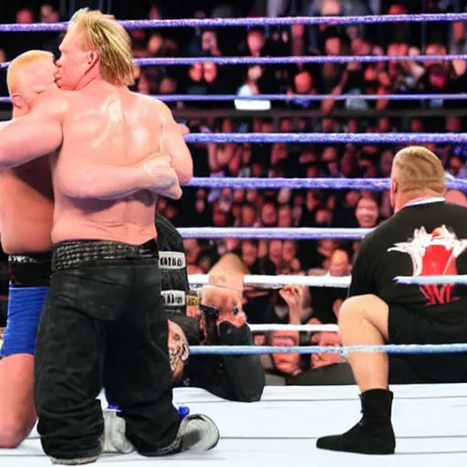 Image similar to chris jericho and brock lesnar hugging in the ring, wwe