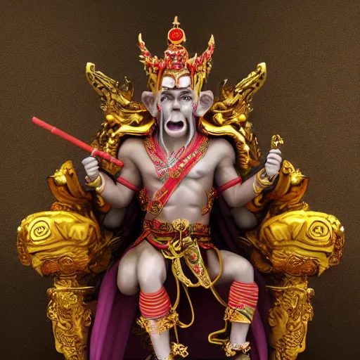 Prompt: monkey king godly lord of monkeys, wearing a crown, holding a staff, sitting in throne 8 k render high detail