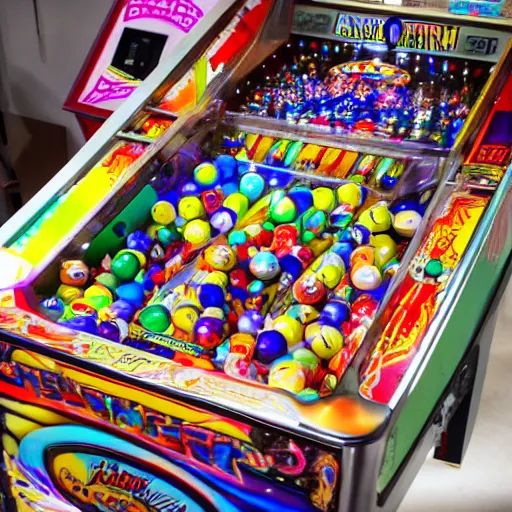 Image similar to a pinball machine overflowing with coloured marbles