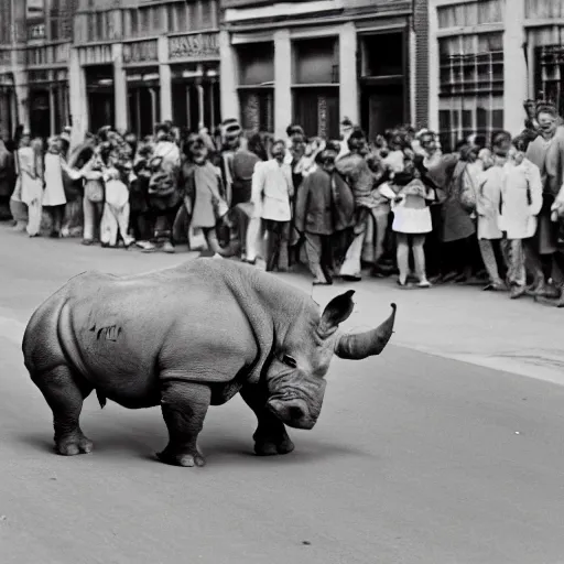 Prompt: photograph of a rhinoceros running down a crowded street