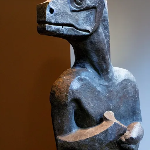 Image similar to ancient Irish, iron age, photo of stone carved statue of a dinosaur, in museum room