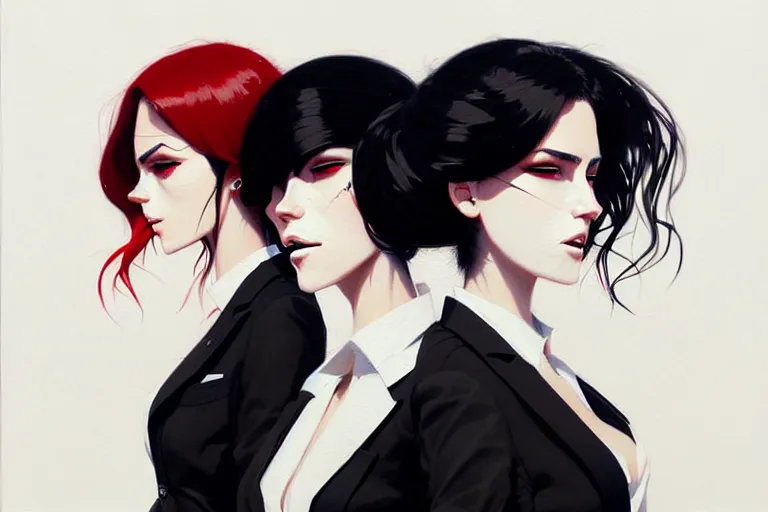 Image similar to a ultradetailed portrait painting of three women in black suits, by conrad roset, greg rutkowski and makoto shinkai trending on artstation