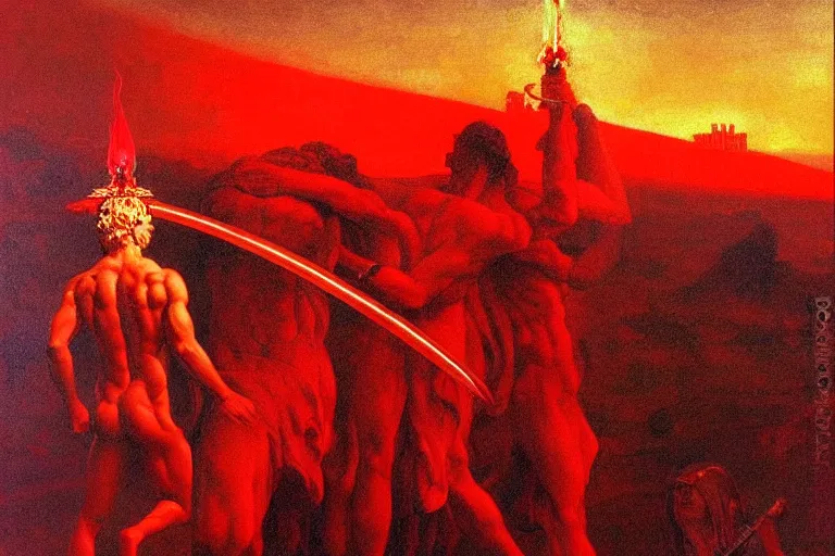 Image similar to only with red, a red melted apollo with a laurel wreath and a flaming sword announce the win, athens in the background, in the style of beksinski, part by hopper, part by rodcenko, part by hofbauer, intricate composition, red by caravaggio, insanely quality, highly detailed, masterpiece, red light, artstation