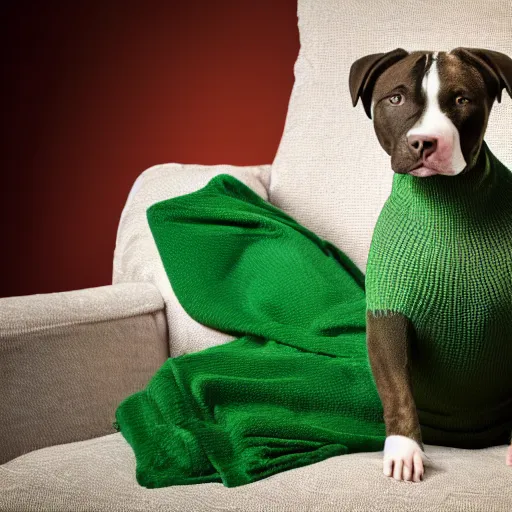 Image similar to American Staffordshire terrier sitting on a sofa wearing a green sweater, 8k, hdr