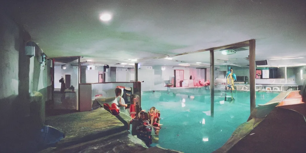 Prompt: a weird modern confined place, house, playground, office, pool, bar, pub, room, hall way with eerie feeling, disposable colored film camera, camera flash, unusual place, unsettling, kids place, night scene