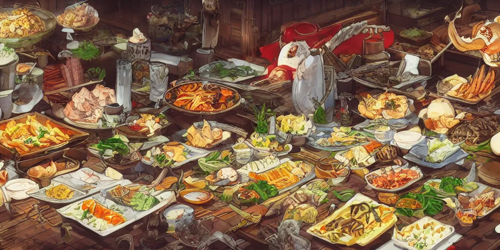 Prompt: A feast for the Yakuza, very detailed, anime, Delicious, Plump, Juicy, Hot Food, large white border, hd, 8k, Unreal Engine 5, high resolution print :1 by Hayao Miyazaki, Nausicaa, studio Ghibli style, Anime wallpaper, cell shading, trending on deviant art :1