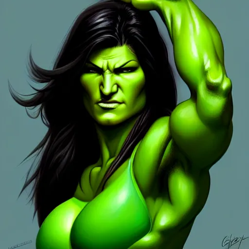 Image similar to beautiful Gina Carano thin She Hulk green skin, highly detailed, digital painting, artstation, concept art, smooth, sharp focus, illustration