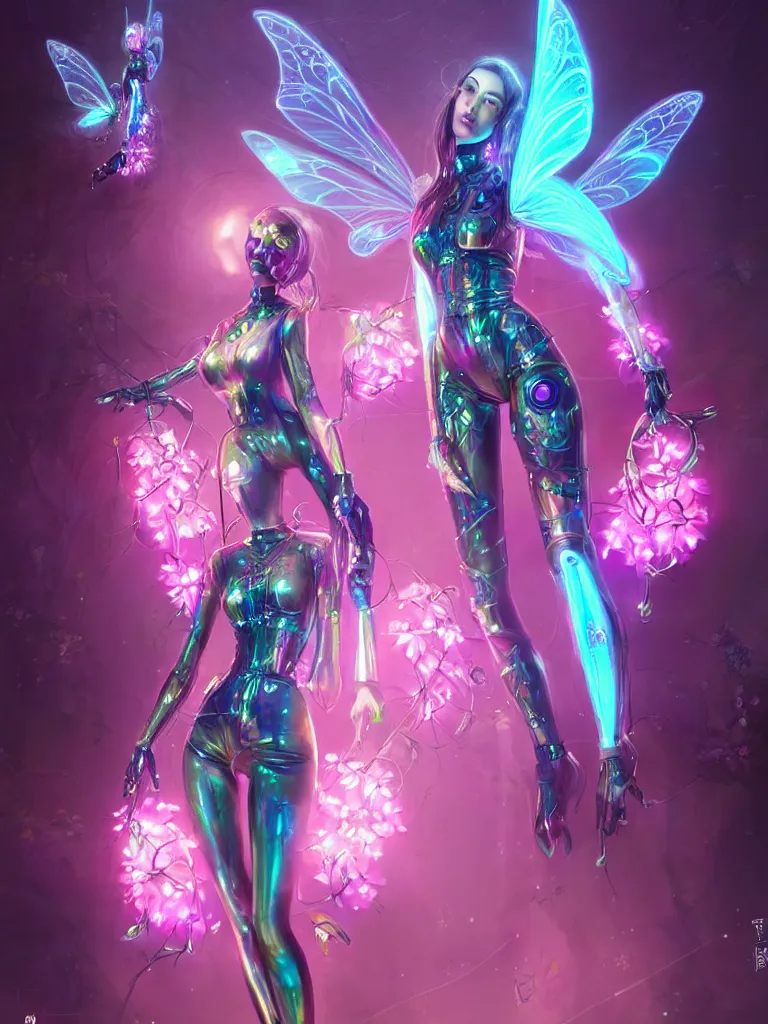 Image similar to one beautiful cyber fairy in a cyberpunk garden, in shiny cyberpunk biosuit, body covers with neon flowers, elegant pose, realistic digital painting, artgerm, sakimichan, huang guangjian