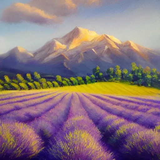 Image similar to A field of lavender with a mountain in the background, serene, beautiful, nature, landscape, peaceful, oil painting, details, sharp focus, By Alyn Spiller, David Villegas, and Barret Frymire