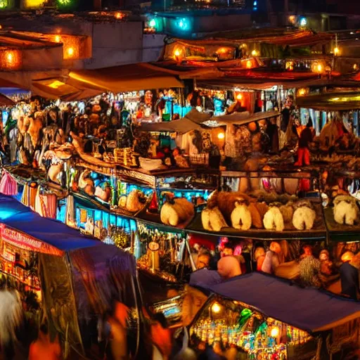Image similar to a detailed night market full of bears in Marrakech, Gigapixel photo, detailed, glowing string lights, realistic