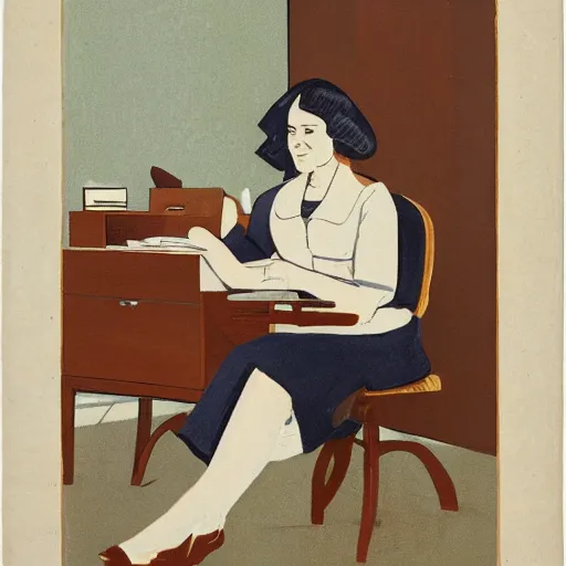 Prompt: a portrait of a secretary sitting behind a desk, 7 0 th burda style,