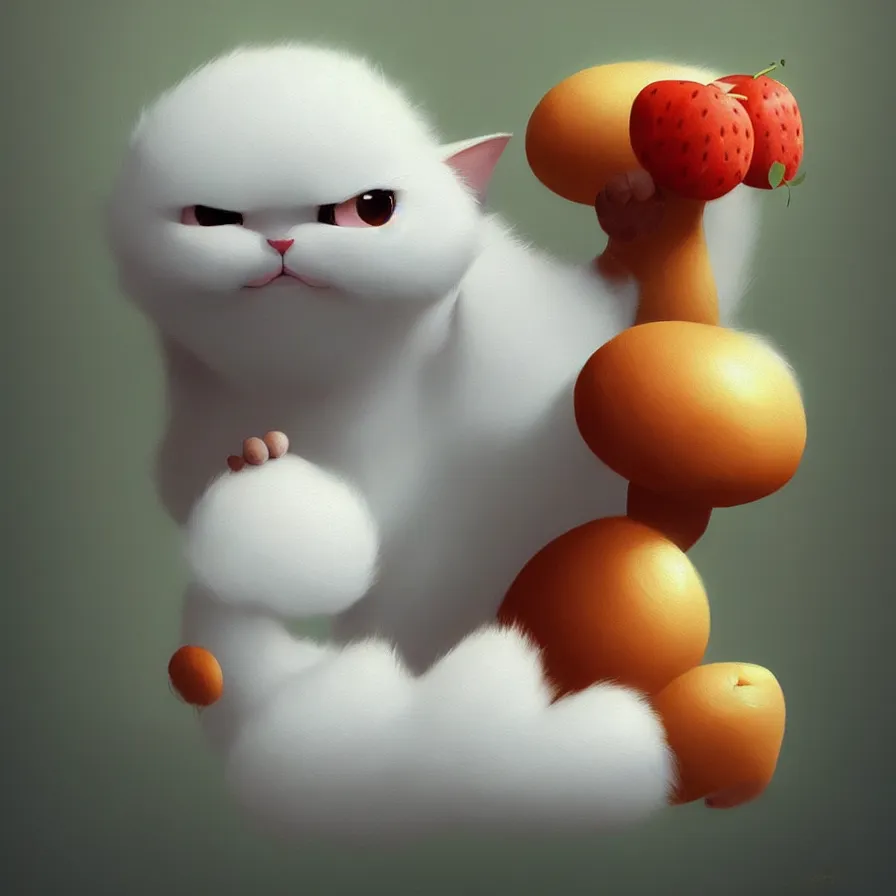 Image similar to Goro Fujita ilustration a very pretty baby cat, with fluffy white fur on top of fresh fruit, painting by Goro Fujita, sharp focus, highly detailed, ArtStation