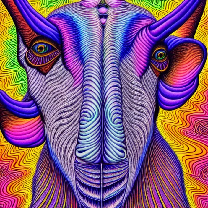 Image similar to psychedelic goats, by alex grey, intricate details, artstation, furry, beautiful